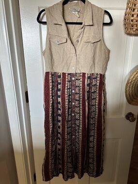 Vintage DBY Ltd. Dress Linen Button Up w/ Red Printed Skirt and Tie Back